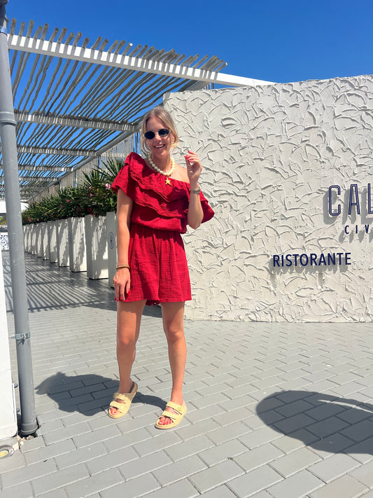 Off-shoulder playsuit rood