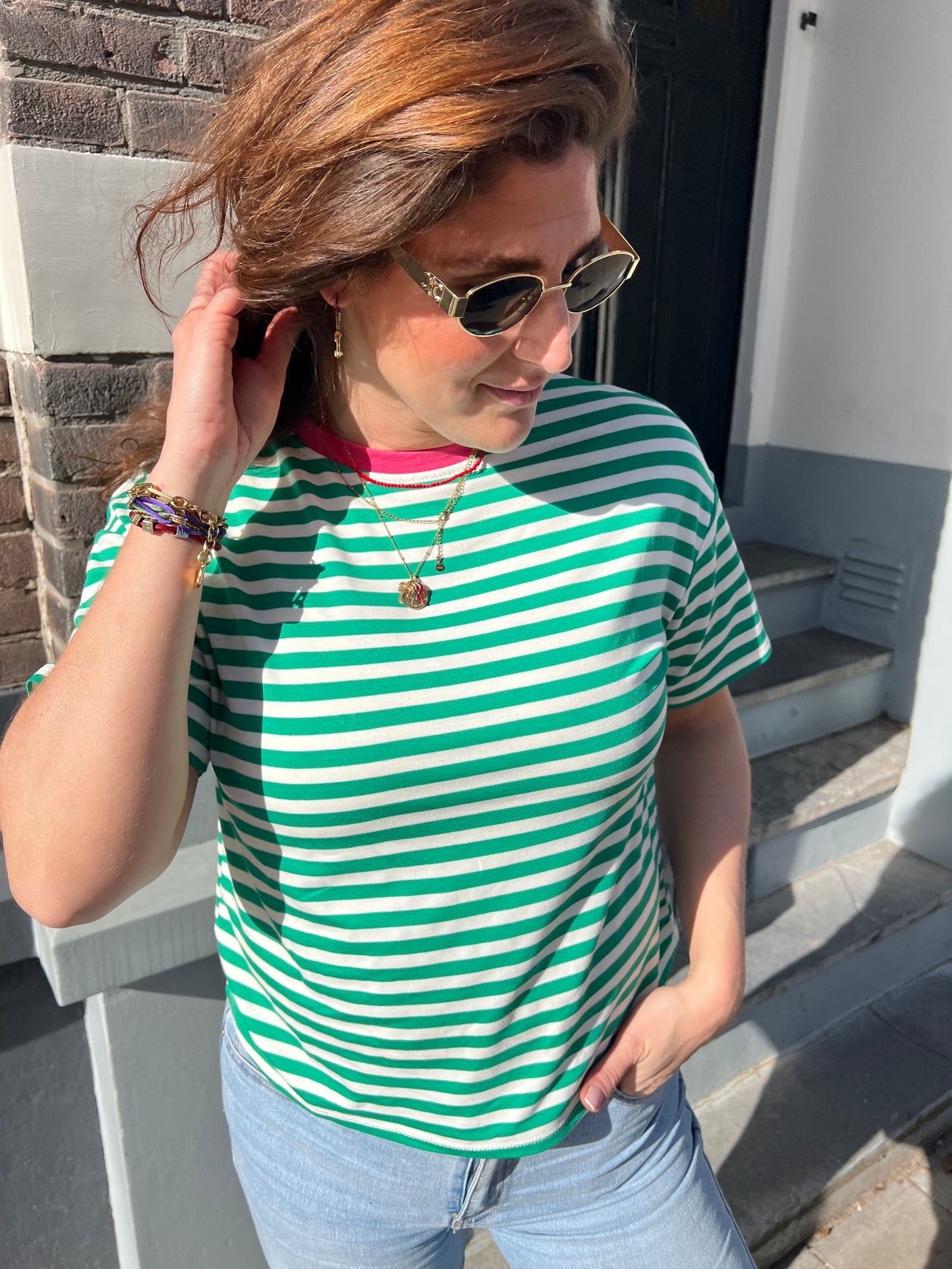 Fanny tee groen/ roze gestreept