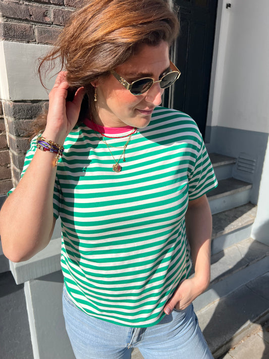Fanny tee groen/ roze gestreept
