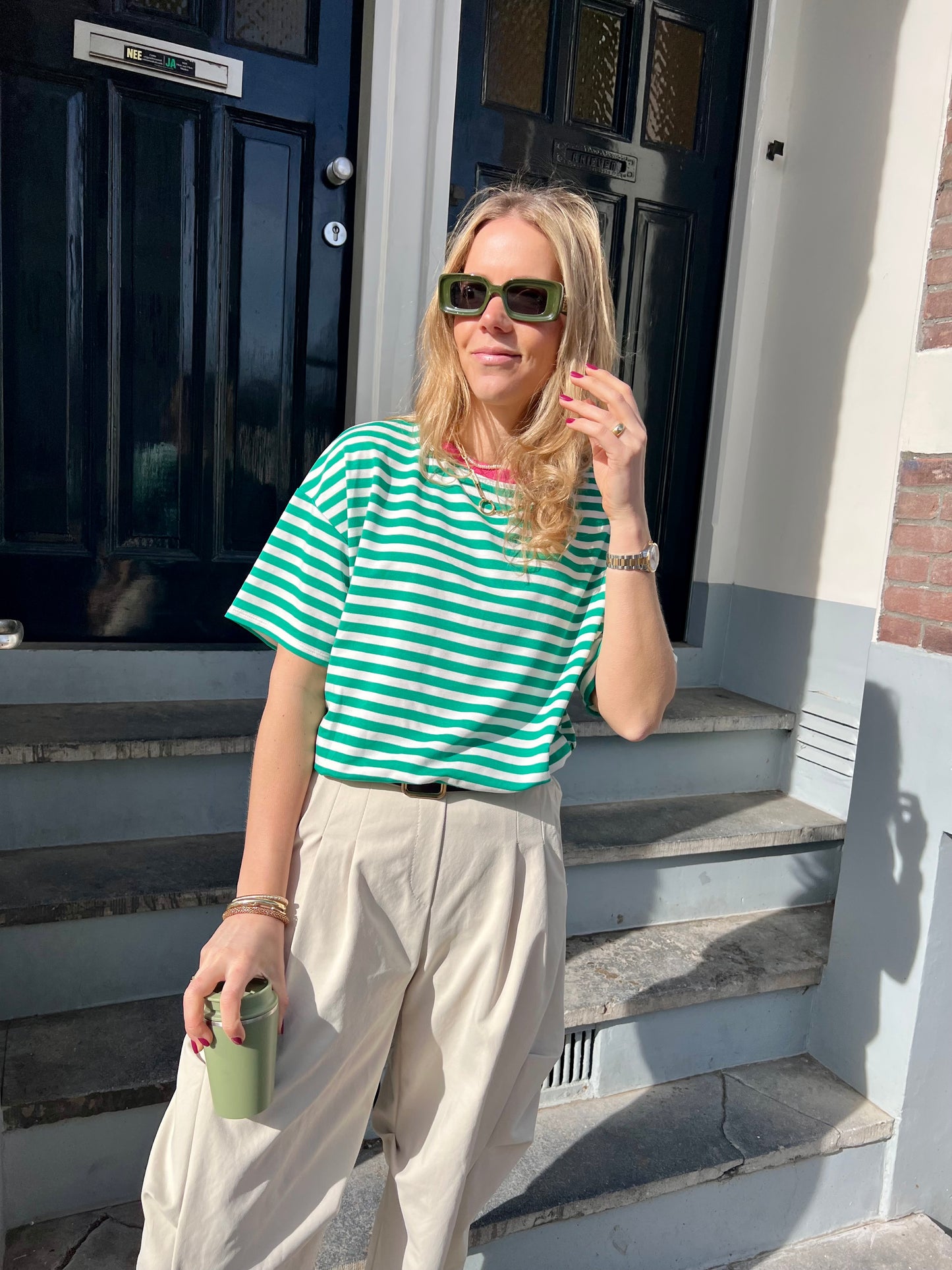 Fanny tee groen/ roze gestreept