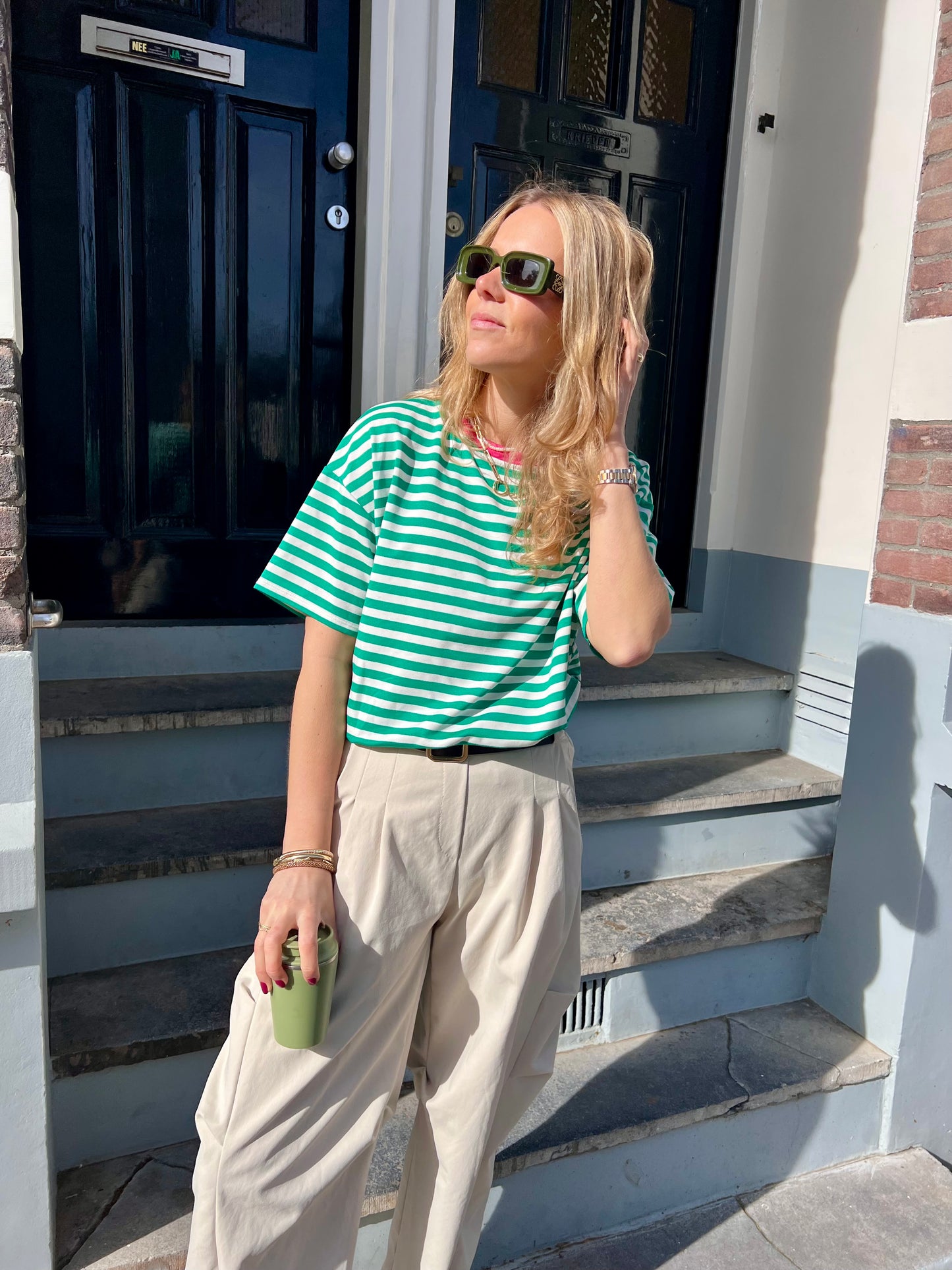 Fanny tee groen/ roze gestreept